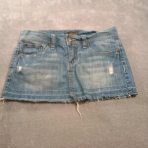 Machine Jeans Skirt Womens Medium Blue Distressed Denim Raw Hem Embroidered